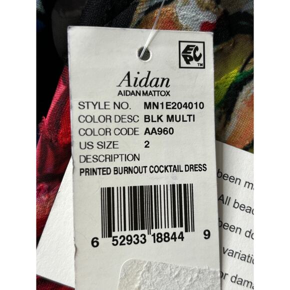 Aidan Printed Burnout Cocktail Dress In Black Multi Size 2 Floral Ruffle Hi Low - Picture 11 of 11